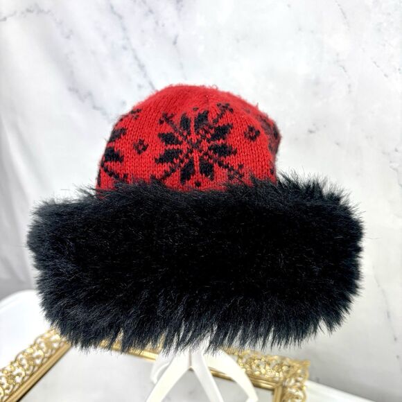 Vintage 70s Knit Russian Hat Women's Nordic Winter Beanie Red Black Faux Fur - Picture 2 of 13